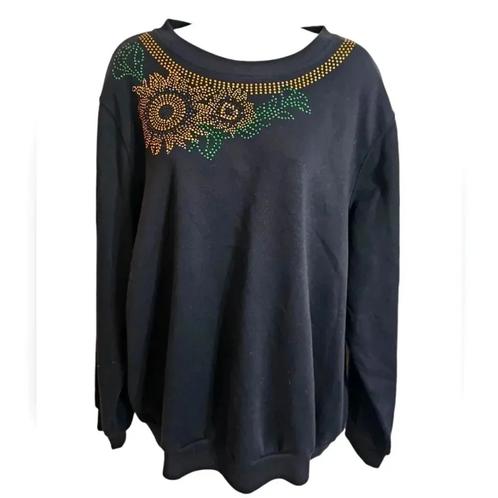 BonWorth Women’s L Black Sunflower Rhinestone Sweatshirt Retro Cottagecore Layer - Picture 2 of 7